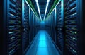 Modern server room shows organized tech infrastructure. Network cabling structured with neatness. Dark tech equipment racks