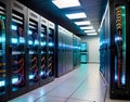Modern server room with sleek black racks, organized cables, and LED indicator lights glowing softly in a dimly lit, high-tech en Royalty Free Stock Photo