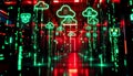 Modern server room with vibrant cloud computing icons illuminating data transfer and network security systems Royalty Free Stock Photo
