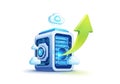 Modern server tower with growing arrow and cloud icons representing data storage and connectivity Royalty Free Stock Photo