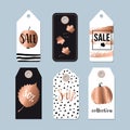 Modern set of autumn, fall sale and quality labels, gift tags. Lettering, hand drawn leaves, apple, pumpkin elements. Vectors Royalty Free Stock Photo