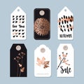 Modern set of autumn, fall sale and quality labels, gift tags. Lettering, hand drawn leaves, floral elements. Isolated s.