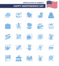 Modern Set of 25 Blues and symbols on USA Independence Day such as city; gift; icecream; festivity; celebration