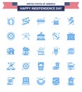 Modern Set of 25 Blues and symbols on USA Independence Day such as shoot; fire; food; celebration; statehouse