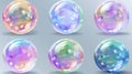 Modern set of 3D glass or soap transparent rainbow spheres. Iridescent foam bubbles with rainbow reflections. Abstract Royalty Free Stock Photo