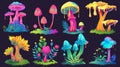 Modern set of fantastic plants with dripping slime, teeth, and eyes. Mystical fungi and grass with mystic glow.