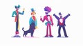 This modern set features a cartoon circus man and a poodle. A carnival magician performs with a dog dressed in a vintage Royalty Free Stock Photo