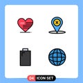 Modern Set of 4 Filledline Flat Colors Pictograph of heart, electric, flag, place, map
