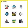 Modern Set of 9 Filledline Flat Colors Pictograph of present, gift, cable, web, globe Royalty Free Stock Photo