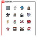 Modern Set of 16 Flat Color Filled Lines and symbols such as scope, canada, romance, shopping, weather