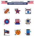 Modern Set of 9 Flat Filled Lines and symbols on USA Independence Day such as presidents; day; calendar; sign; police