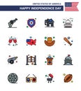 Modern Set of 16 Flat Filled Lines and symbols on USA Independence Day such as wine; white; elephent; usa; house