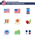 Modern Set of 9 Flats and symbols on USA Independence Day such as american; bottle; corn dog; western; decoration