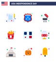 Modern Set of 9 Flats and symbols on USA Independence Day such as casino; american; bbq; shield; fries