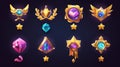 Modern set of game level icons, medals, stars, UI badges with wings, laurel and golden crowns. Bonus, reward Royalty Free Stock Photo