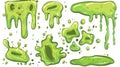 Modern set of green slime frames and elements with blobs and dripping. Sticky goo, jelly or syrup splats. Cartoon Royalty Free Stock Photo