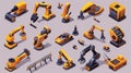 Modern set of isometric robot arms, factory machines or hydraulic robot hands of various designs and purposes