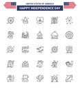 Modern Set of 25 Lines and symbols on USA Independence Day such as american; firework; heart; usa police; badge