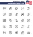 Modern Set of 25 Lines and symbols on USA Independence Day such as frankfurter; hat; liquid; cowboy; usa