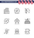 Modern Set of 9 Lines and symbols on USA Independence Day such as holiday; celebration; helmet; barbeque; cowboy