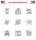 Modern Set of 9 Lines and symbols on USA Independence Day such as police; ice cream; garland; food; cold