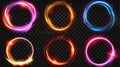 Modern set of optical halo flares with neon lights on transparent background. Magnetic energy vortex with sparking Royalty Free Stock Photo