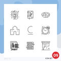 Modern Set of 9 Outlines Pictograph of shack, house, bowl, home, nest