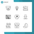 User Interface Pack of 9 Basic Outlines of software, panel, lightbulb, console, pie