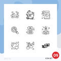 Modern Set of 9 Outlines and symbols such as education, machine, descriptive statistics, credit, magnifying glass