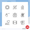 Modern Set of 9 Outlines and symbols such as gear, cog, cupcake, box, gesture