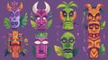 Modern set of polynesian traditional statues, ancient wood tikki masks isolated on purple background. Modern cartoon set Royalty Free Stock Photo