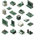A modern set of processors, comprising microchips, capacitors, semiconductors, and chips, is displayed isometrically on Royalty Free Stock Photo