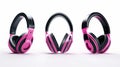 The modern set of realistic 3D black pink stereo earphones, accessory with sound speakers in front view, is isolated on Royalty Free Stock Photo