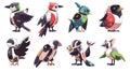 Modern set of robotic animals, cyborg birds like magpies and eagles, pandas, wasps, and raccoons. Cartoon robotics cyber Royalty Free Stock Photo