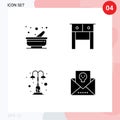 Pictogram Set of 4 Simple Solid Glyphs of cooking, lights, pestle, table, street