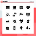 Modern Set of 16 Solid Glyphs Pictograph of face, emoji, static, heart, net Royalty Free Stock Photo