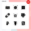 Modern Set of 9 Solid Glyphs Pictograph of house, payment, play button, money, currency