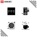 Modern Set of 4 Solid Glyphs Pictograph of layout, lens aperture, card, camera, coffee
