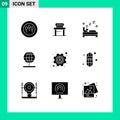 Modern Set of 9 Solid Glyphs Pictograph of options, gear, bedroom, world, navigation