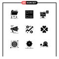 Modern Set of 9 Solid Glyphs and symbols such as announce, loudspeaker, resume, megaphone, document