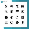 Modern Set of 16 Solid Glyphs and symbols such as athletic, audio, twitter, fm, closing test