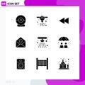 Modern Set of 9 Solid Glyphs and symbols such as bell, alarm, reverse, email, delete