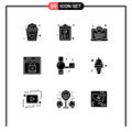 Modern Set of 9 Solid Glyphs and symbols such as camcorder, passward, development, layout, secure