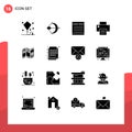 Modern Set of 16 Solid Glyphs and symbols such as map, printing, bow, print, school