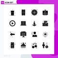 Modern Set of 16 Solid Glyphs and symbols such as play, marketing, heart, didital strategy, digital Royalty Free Stock Photo