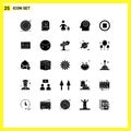 Modern Set of 25 Solid Glyphs and symbols such as stop, media, family, mind, head
