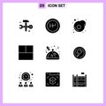 Modern Set of 9 Solid Glyphs and symbols such as voltage, bolt, omelet, valentine, restaurant