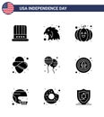 Modern Set of 9 Solid Glyphs and symbols on USA Independence Day such as american; fly; pumpkin; bloons; hat