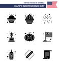 Modern Set of 9 Solid Glyphs and symbols on USA Independence Day such as country; pumpkin; fire; food; award