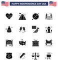 Modern Set of 16 Solid Glyphs and symbols on USA Independence Day such as dollar; landmark; basketball; golden; bridge